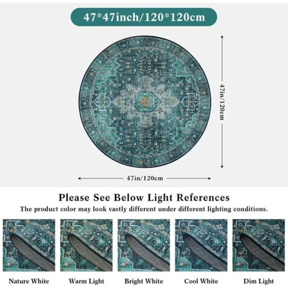 Ultra-Thin 4ft Round Rug, Washable Teal Oriental Carpet for Home & Room Decor